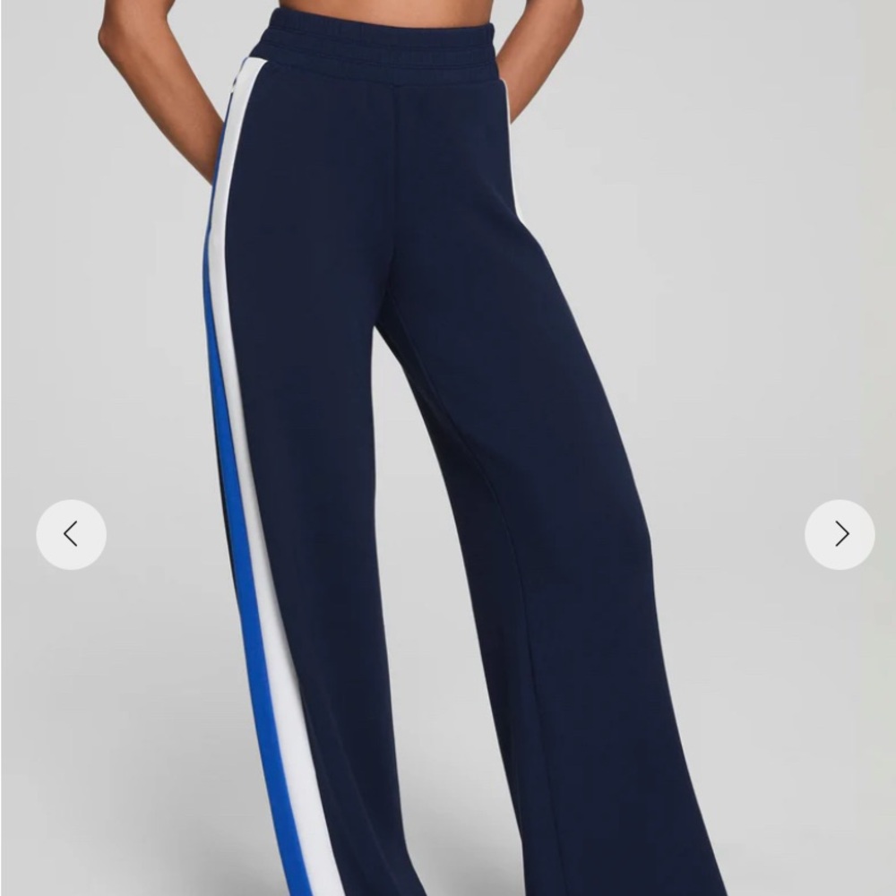SPANX Air Essentials Navy Track Pants with  Stripes and matching long sleeve top
